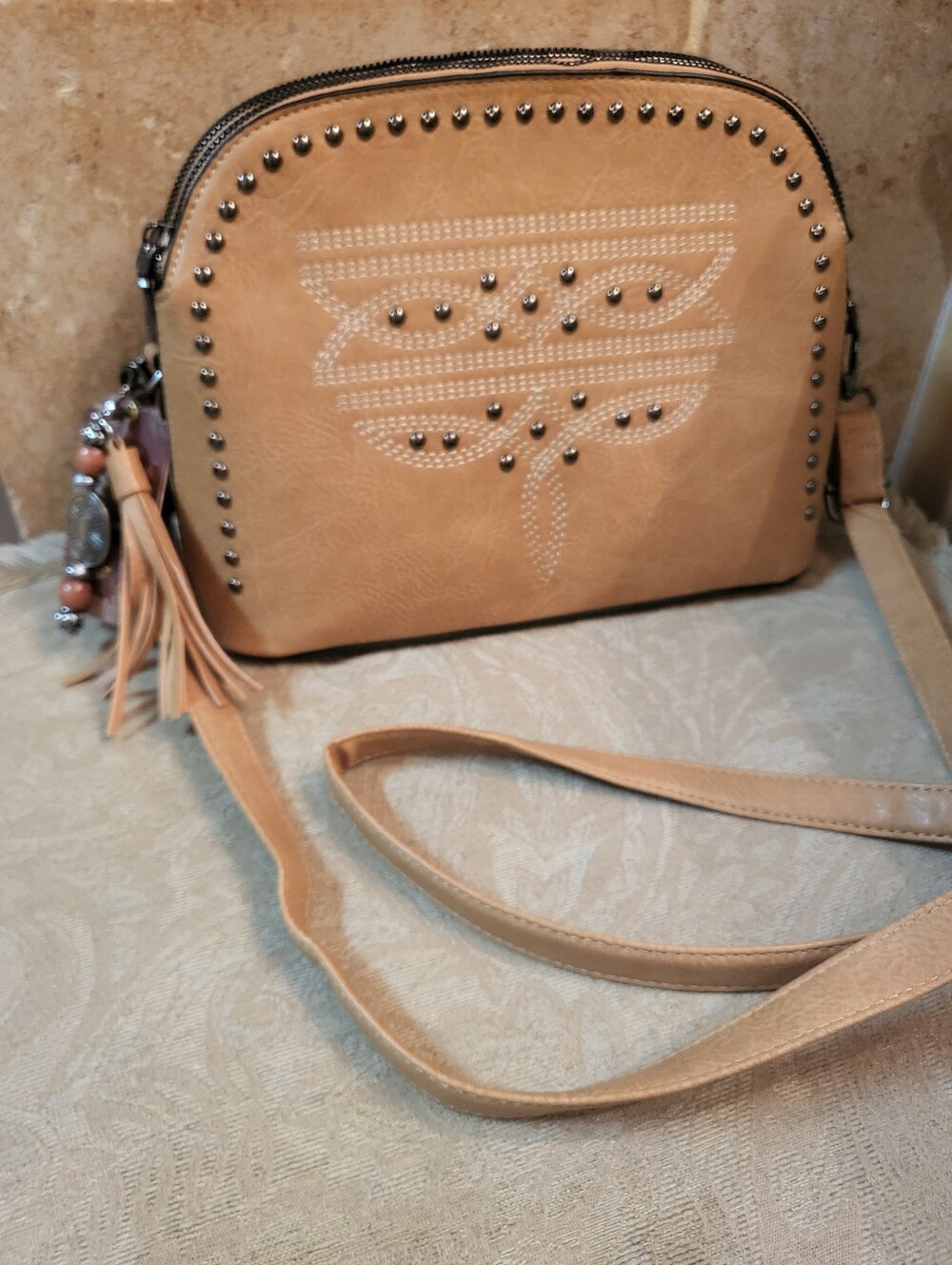 Studded Tassel Crossbody Bag in Light Tan